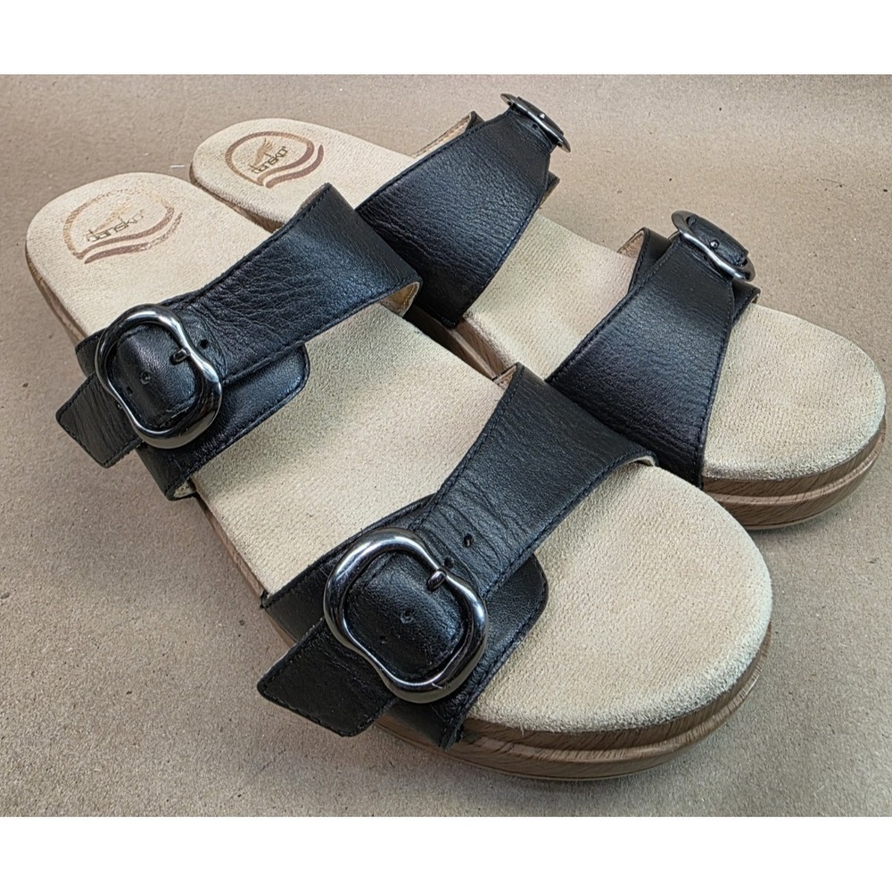 Dansko (Sz 40) Sophie Full Grain Black Leather Buckle Slide Clogs Sandals